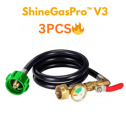 ShineGasPro V3 gas hose set with green nozzle and pressure gauge on a white background