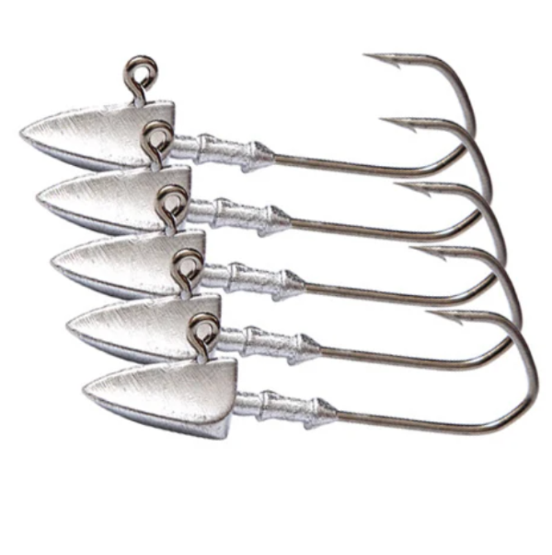Set of five metal fishing hooks on a white background