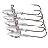 Set of five metal fishing hooks on a white background