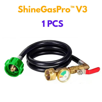 ShineGasPro V3 gas connection kit with black hose, green nozzle, and brass valve on a white background.