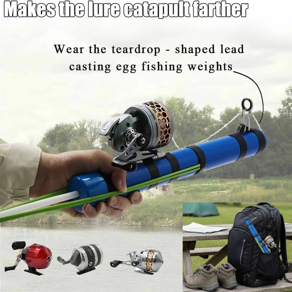 Fishing rod with built-in catapult launcher for long-distance throws