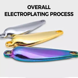 Three metal spoons in gold, silver, and multicolored on a white background with text 'Overall Electroplating Process'.