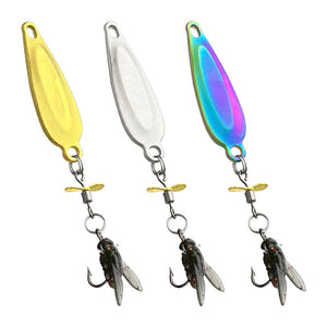 Three colorful fishing lures with propellers on a white background