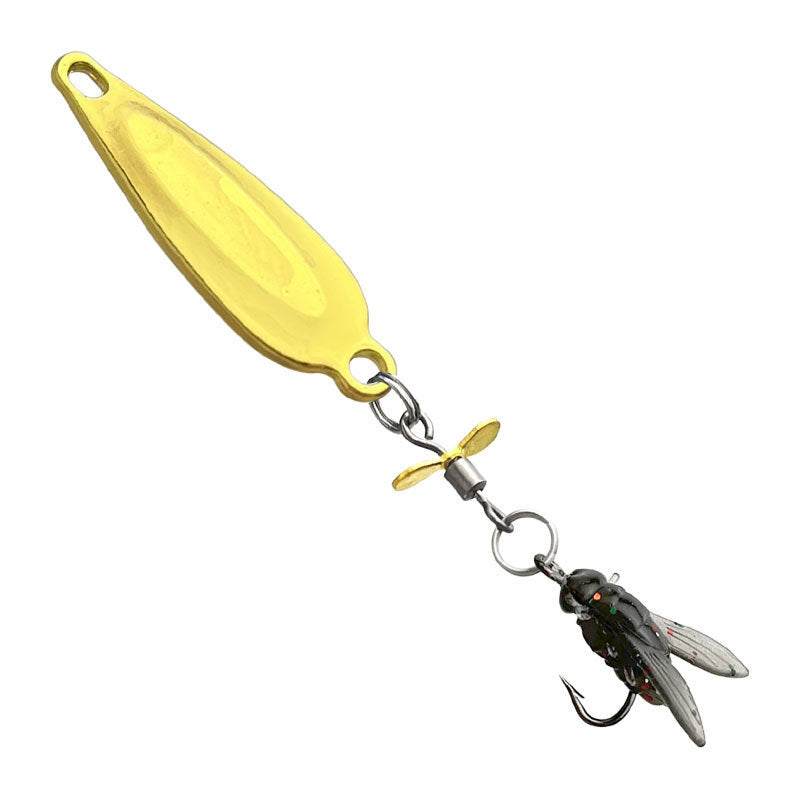 Yellow spoon fishing lure with a propeller and fly on a white background