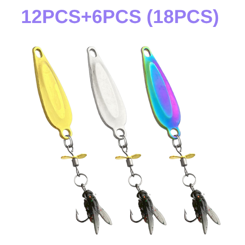 Three colorful fishing lures with attached flies on a white background, labeled as 18 pieces.