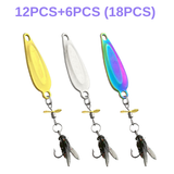 Three colorful fishing lures with attached flies on a white background, labeled as 18 pieces.