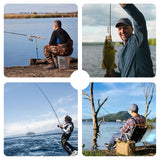 Collage of four images showing people fishing by a lake.