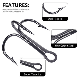 Variety of treble hook sizes ranging from 2# to 14# in a compact box.
