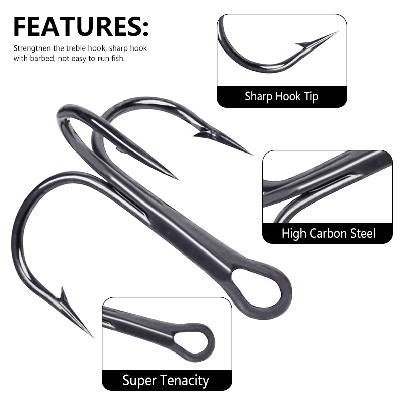 Variety of treble hook sizes ranging from 2# to 14# in a compact box.