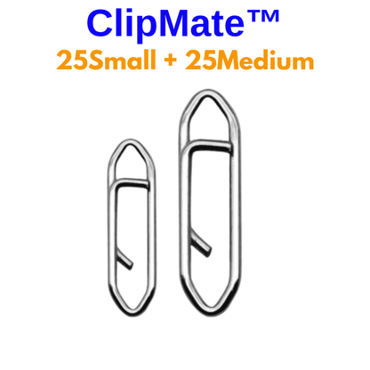 Two metal paper clips with 'ClipMate' branding and text indicating quantity on a white background.