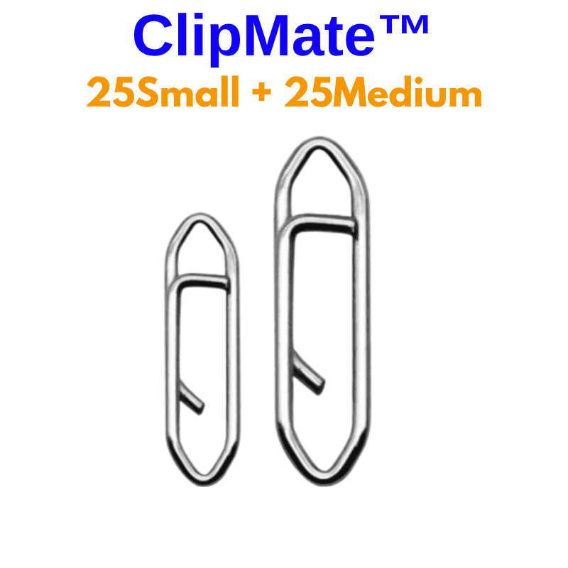 Two metal paper clips with 'ClipMate' branding and text indicating quantity on a white background.
