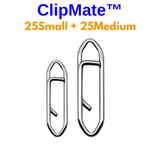Two metal paper clips with 'ClipMate' branding and text indicating quantity on a white background.