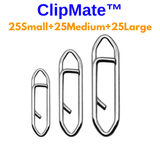 Three sizes of ClipMate clips on a white background with 'ClipMate' branding.