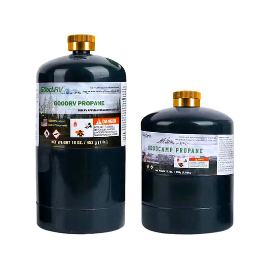 Two black propane tanks with labels on a white background