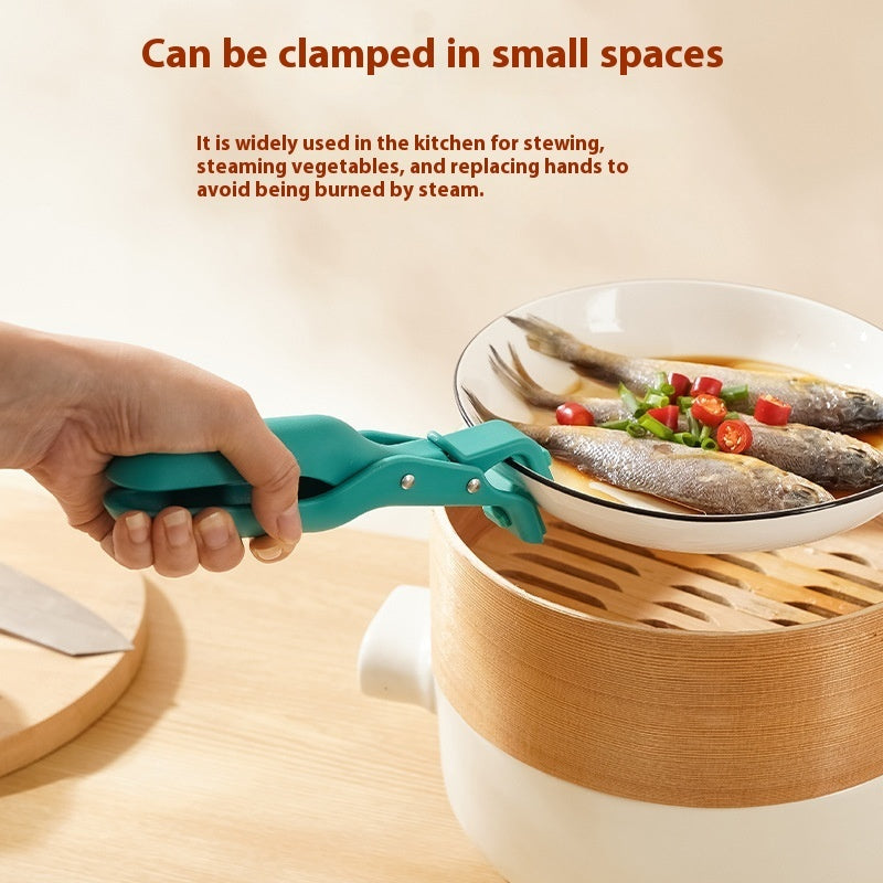 Teal kitchen clamp being used to hold a bowl of food over a steamer basket with text about its uses.