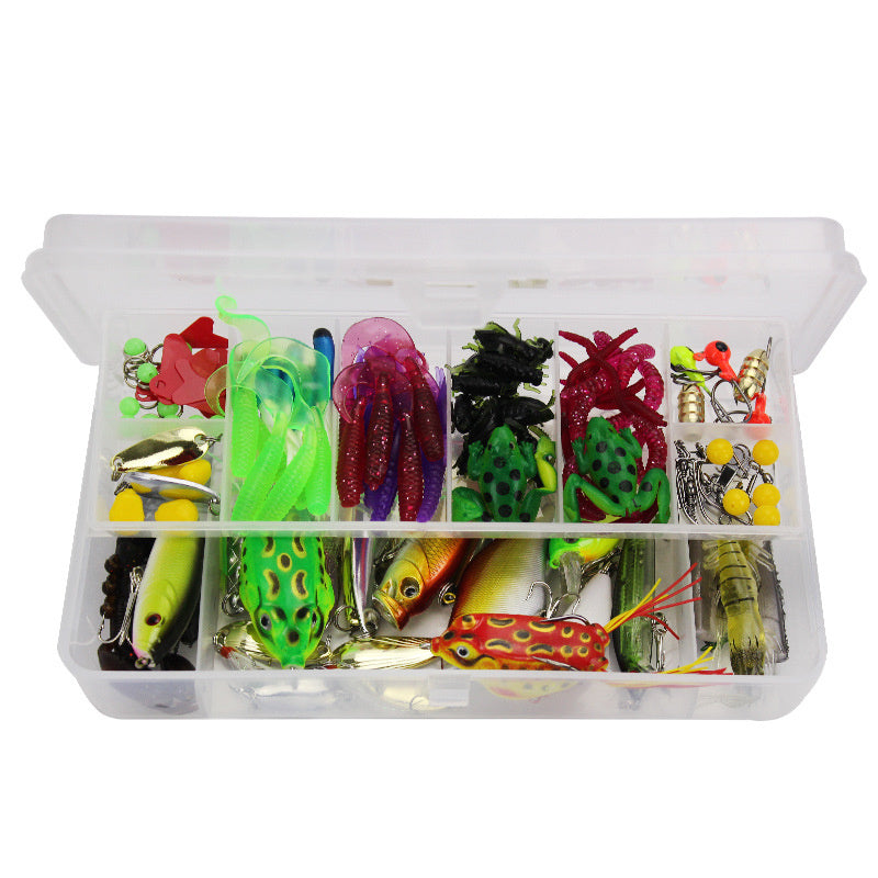 Assorted fishing lures in a clear box on a white background