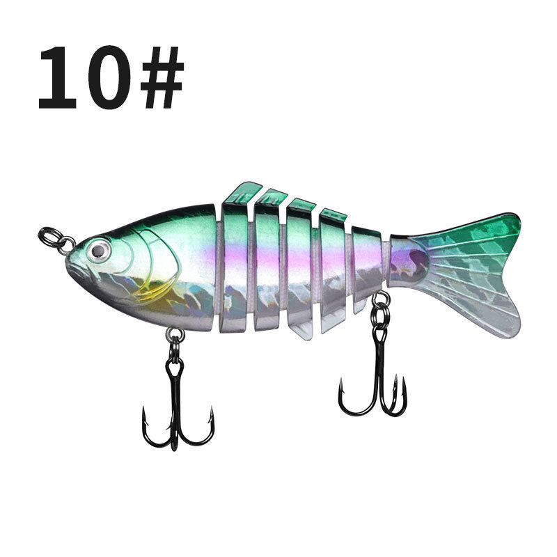 Multicolored fishing lure with multiple segments on a white background