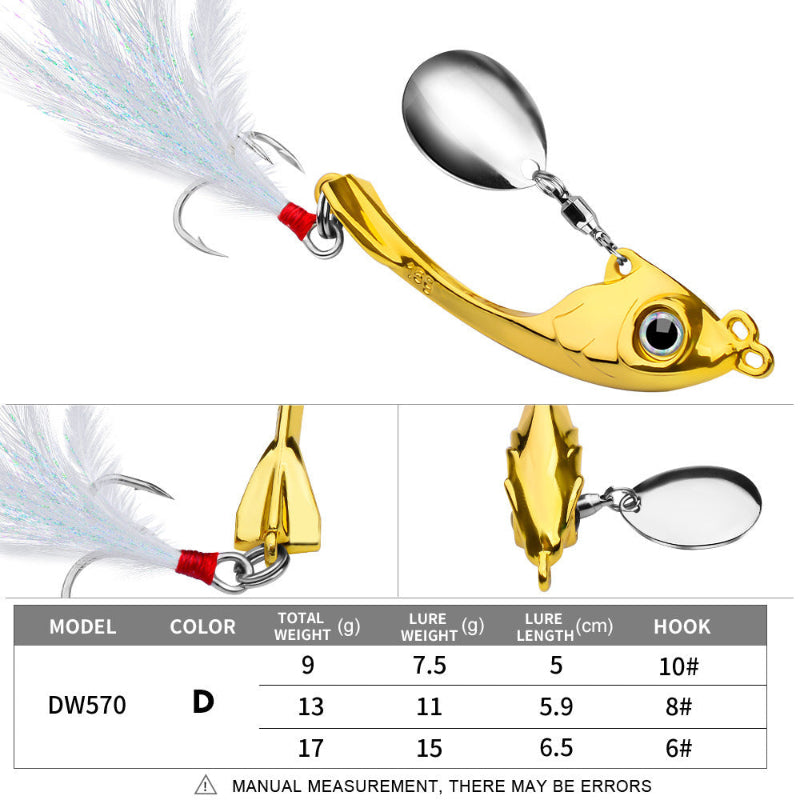 Gold spoon lure with a white feather on a white background, showing detailed specifications.