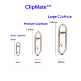 Three sizes of ClipMate clips labeled Small, Medium, and Large with measurements on a white background.