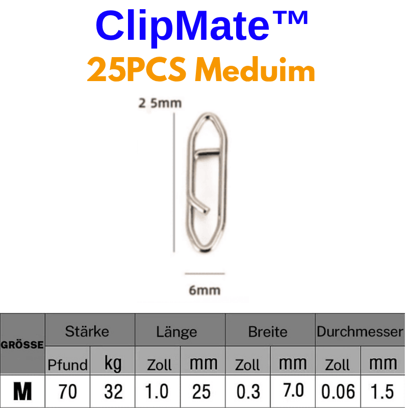 ClipMate medium-sized safety pins with dimensions and weight information on a white background.