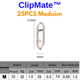 ClipMate medium-sized safety pins with dimensions and weight information on a white background.