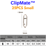 ClipMate small clip packaging with dimensions and specifications on a white background