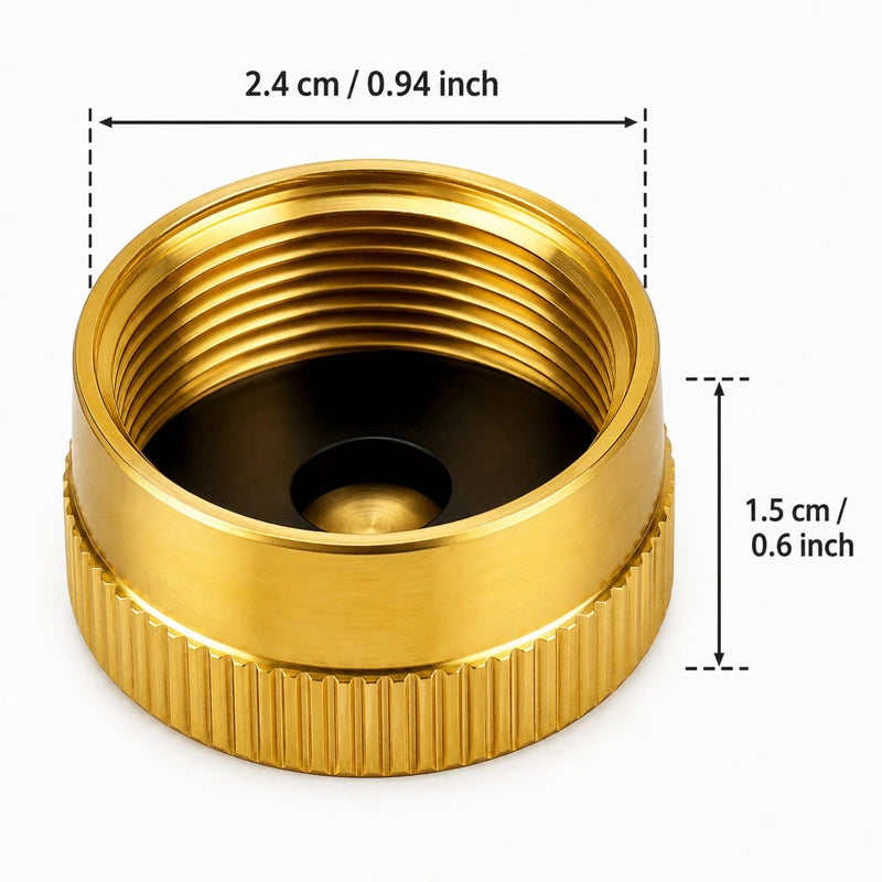 Gold threaded fitting with dimensions labeled on a white background