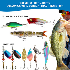 Collection of fishing lures with a man holding a fish, emphasizing dynamic and vivid lures.