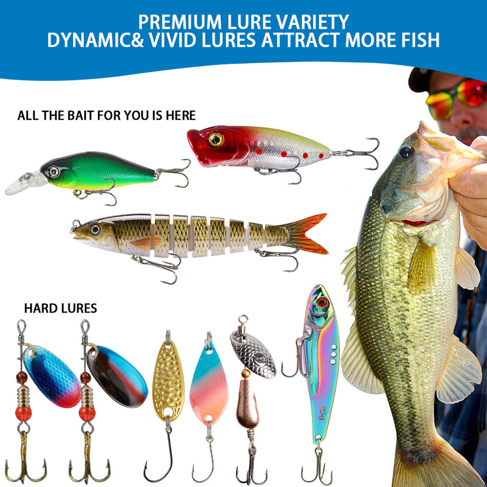 Collection of fishing lures with a man holding a fish, emphasizing dynamic and vivid lures.