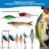 Collection of fishing lures with a man holding a fish, emphasizing dynamic and vivid lures.