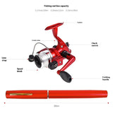 Red fishing reel with labeled parts on a white background