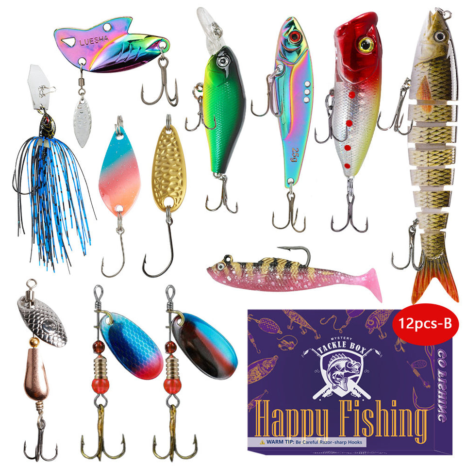 Assorted fishing lures with a Happy Fishing box in the corner