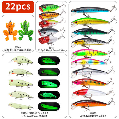 Assorted fishing lures with detailed specifications on a white background