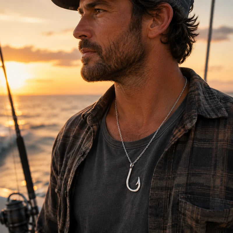 Man on a boat at sunset with fishing rod, wearing a necklace with a fish hook pendant.