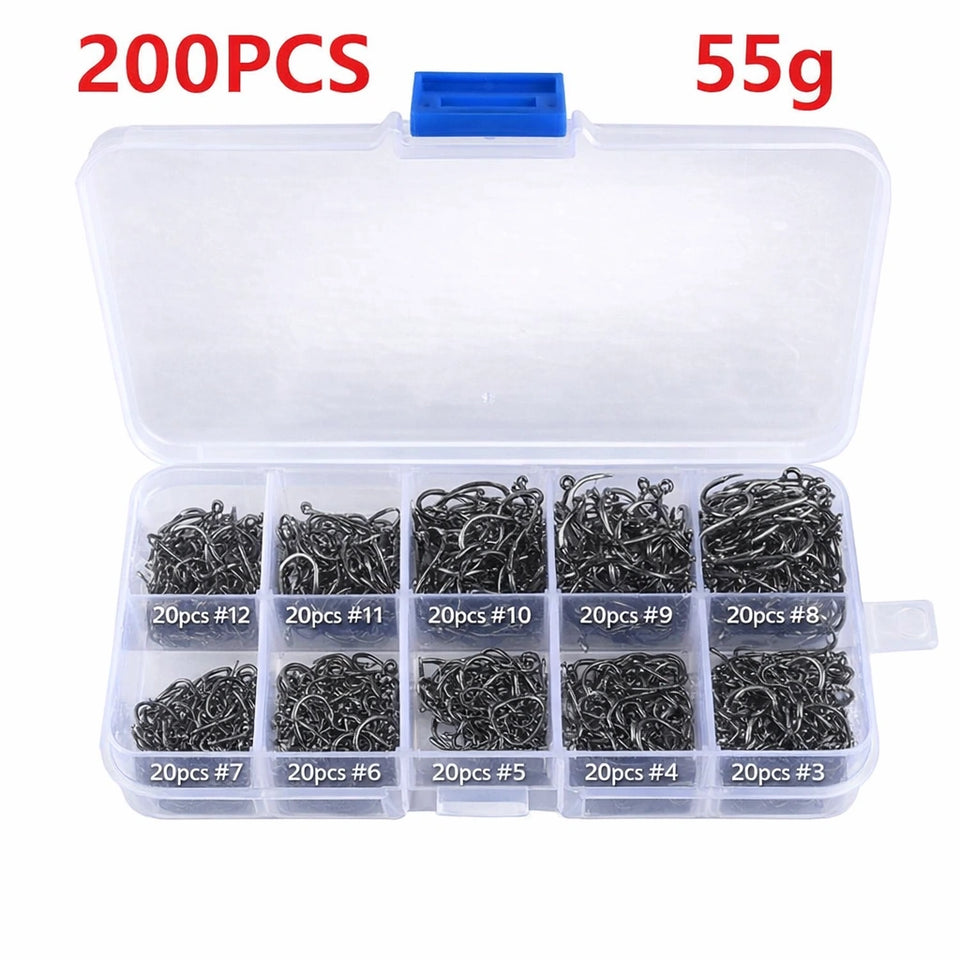 Assorted Barbed Fishing Hooks Set — Sizes 3# to 12#