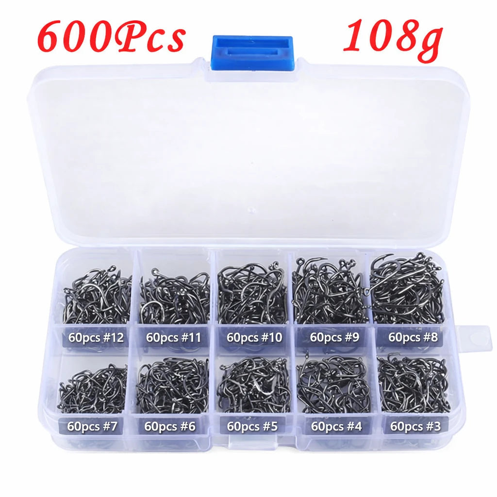 Assorted Barbed Fishing Hooks Set — Sizes 3# to 12#
