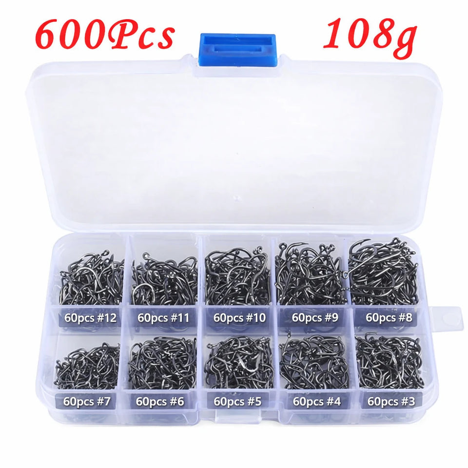 Assorted Barbed Fishing Hooks Set — Sizes 3# to 12#