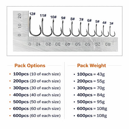 Assorted Barbed Fishing Hooks Set — Sizes 3# to 12#