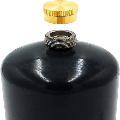 Black cylindrical container with a gold cap on a white background