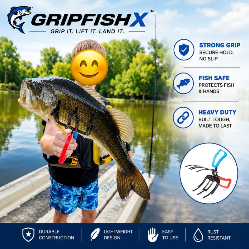 Person holding a large fish with a GripfishX tool, surrounded by nature.