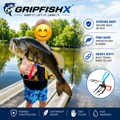Person holding a large fish with a GripfishX tool, surrounded by nature.