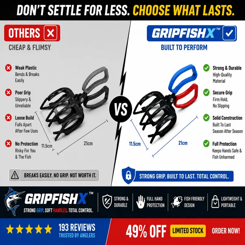 Comparison chart between Gripfish X and 'Others' fishing tools, highlighting features and benefits of Gripfish X.