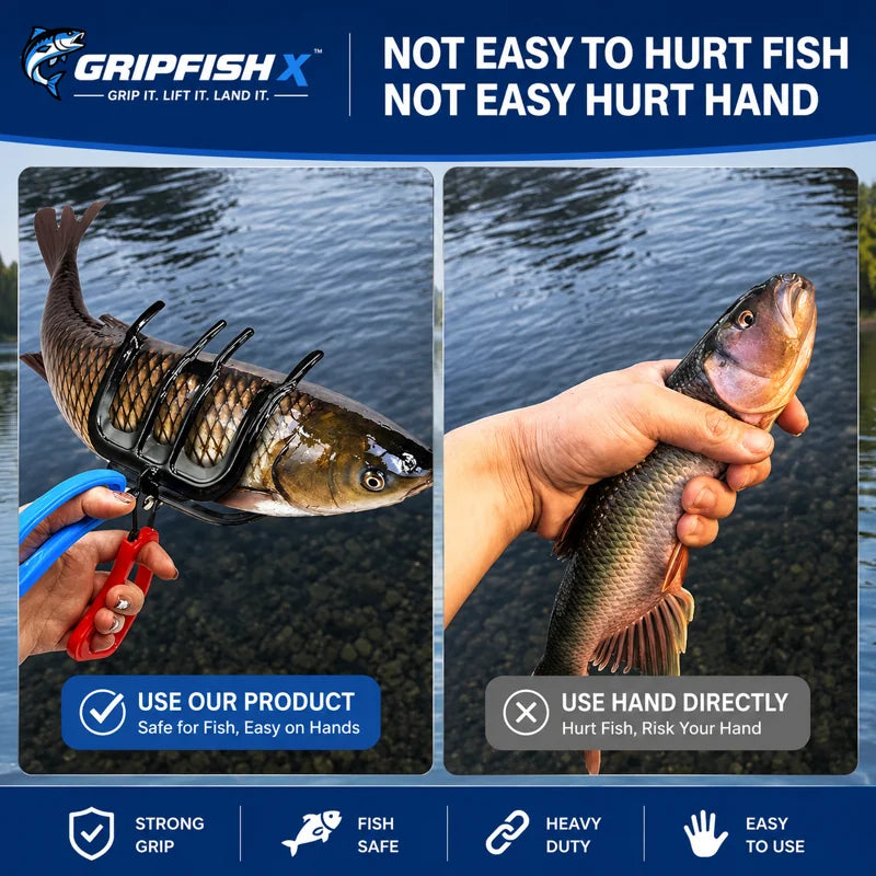 GripfishX product showing a fish being held with a tool and a hand holding a fish, with text about the product's safety for fish and hands.