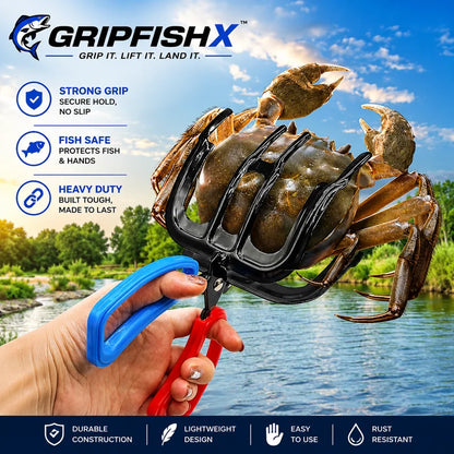 GripfishX crab gripper held by a hand with a scenic background