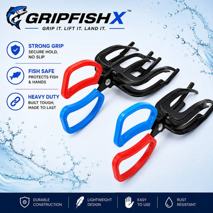 GripfishX fishing pliers with red, blue, and black handles on a water-themed background