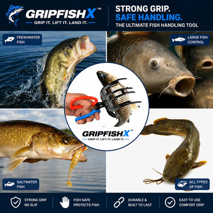 Advertisement for GripfishX fish handling tool with images of fish and text highlighting features.