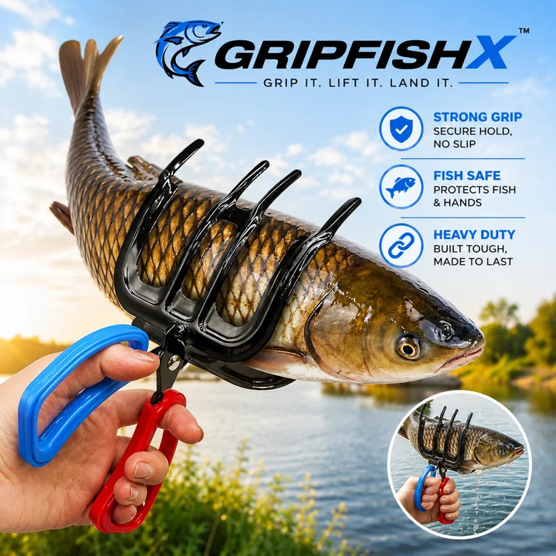 GripFishX fishing tool holding a fish with scenic background