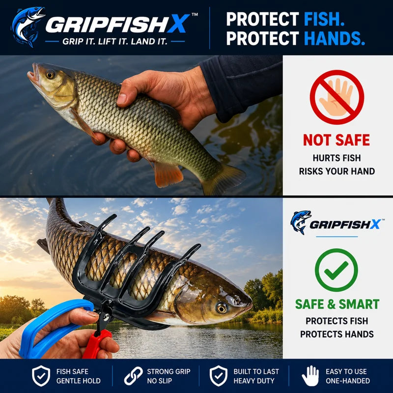 GripfishX product advertisement showing a person holding a fish with and without the product, emphasizing safety and ease of use.