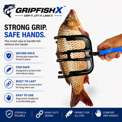 GRIPFISHX fish handling tool with a fish and text highlighting features on a white background