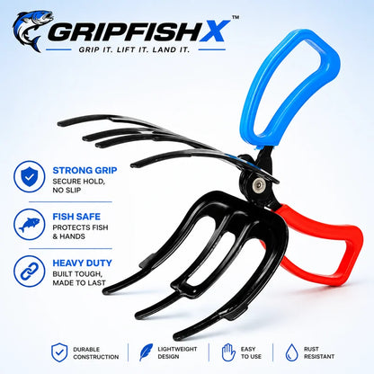 GripfishX fishing tool with blue, black, and red handles on a light blue background